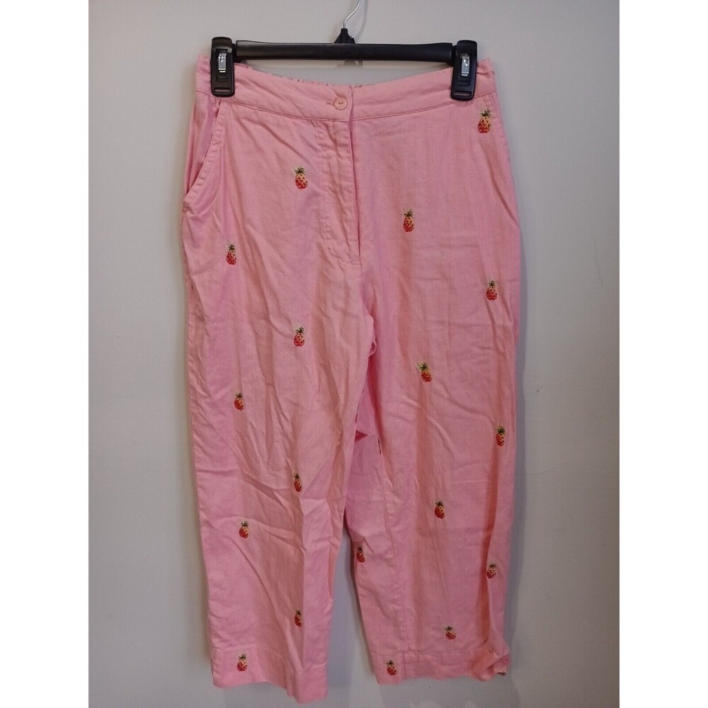 Sun Moda Resort Wear Capri Pants Pint Linen Cotton Embroidered Pineapples Small